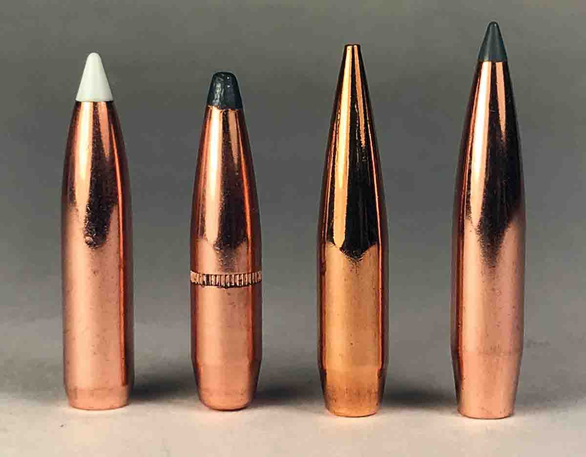 Handloaded bullets include the 1) Nosler 160-grain AccuBond, 2) Hornady 162-grain BTSP, 3) Berger 168-grain VLD Hunting  and the 4) 168-grain Nosler AccuBond Long Range.